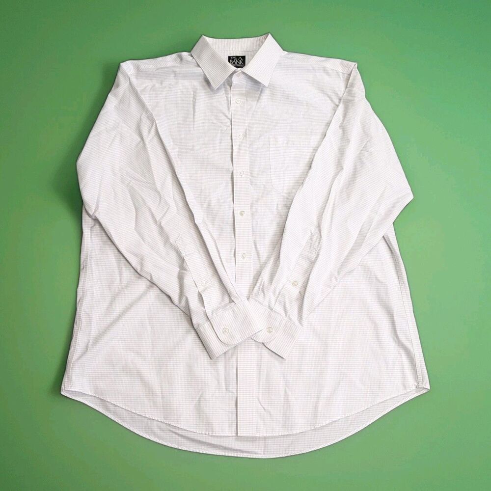 Jos. A. Bank 17.5-35 White Grid Dress Shirt Cotton Traveler Button Up Slim Fit